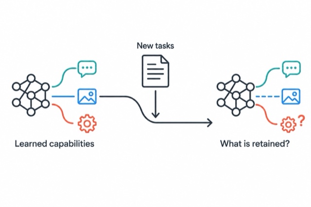 A model encounters new tasks, raising the question of which learned capabilities remain after adaptation.