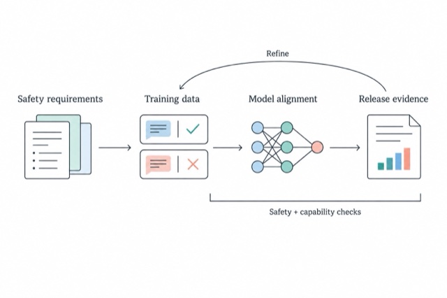 Safety requirements guide training data, model alignment, and release evidence, with safety and capability checks.