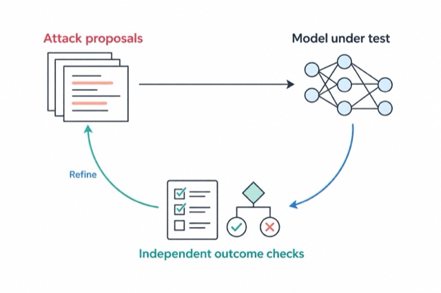 Attack proposals are tested on a model, independently checked, and refined through feedback.