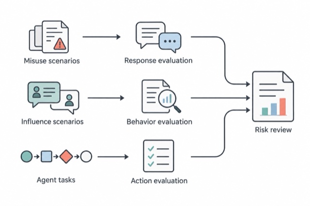 Misuse, influence, and agent scenarios call for distinct response, behavior, and action evaluations.