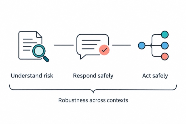 Risk understanding, safe responses, and safe actions are connected, with robustness across contexts spanning all three.